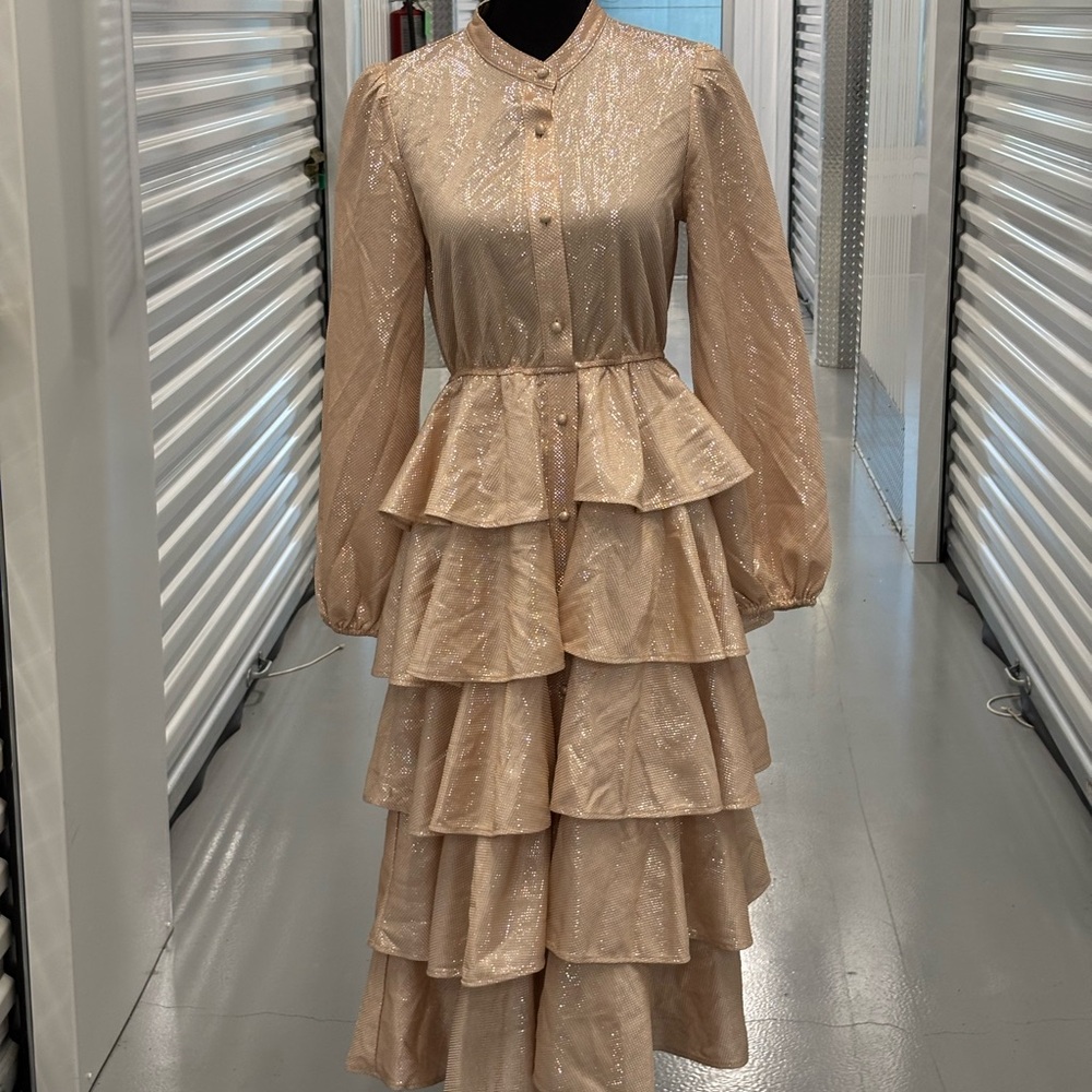 Mazik Tan Blush Pink Gold Ruffled Tiered Gown with Mandarin Collar